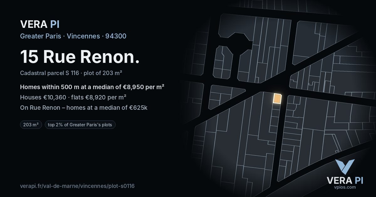 15 Rue Renon, Vincennes at night – the plot lit, the parcels around coloured by the prices near them