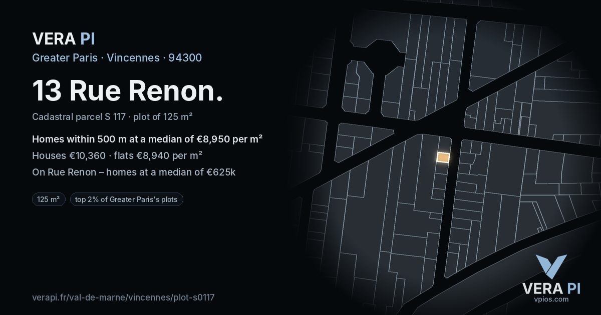 13 Rue Renon, Vincennes at night – the plot lit, the parcels around coloured by the prices near them