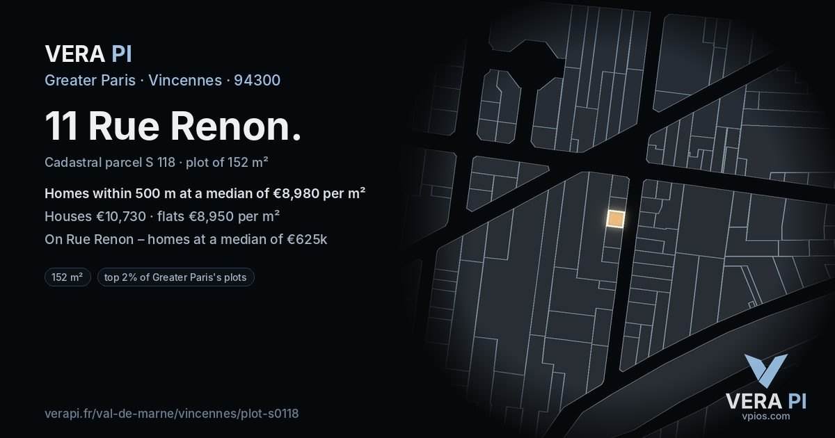 11 Rue Renon, Vincennes at night – the plot lit, the parcels around coloured by the prices near them