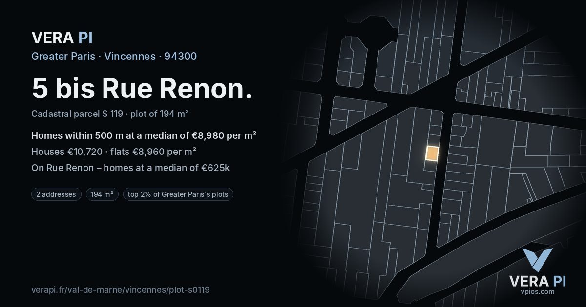 5 bis Rue Renon, Vincennes at night – the plot lit, the parcels around coloured by the prices near them