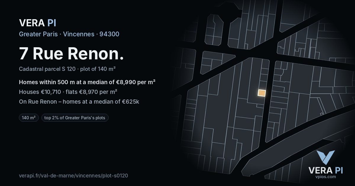 7 Rue Renon, Vincennes at night – the plot lit, the parcels around coloured by the prices near them