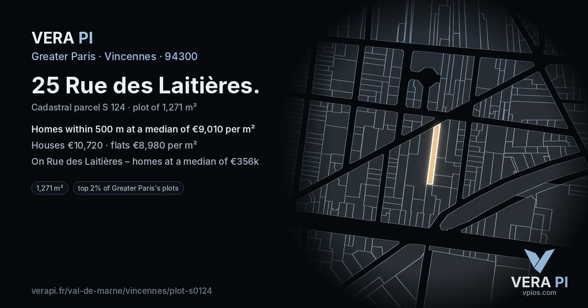 25 Rue des Laitières, Vincennes at night – the plot lit, the parcels around coloured by the prices near them