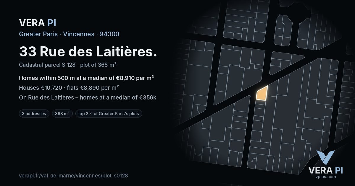 33 Rue des Laitières, Vincennes at night – the plot lit, the parcels around coloured by the prices near them