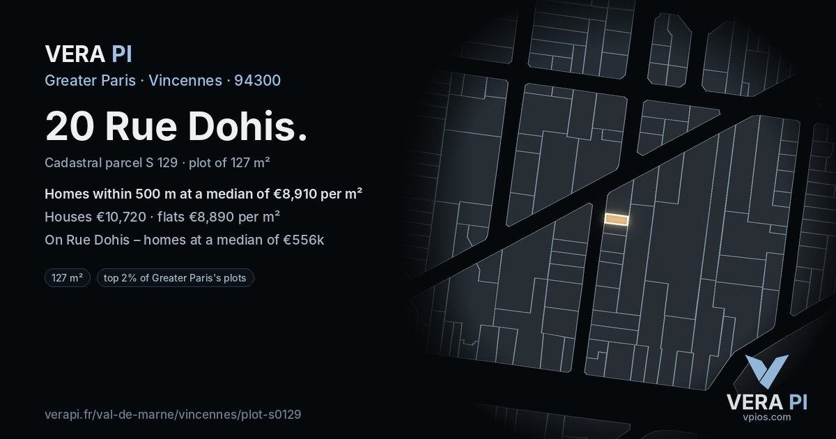 20 Rue Dohis, Vincennes at night – the plot lit, the parcels around coloured by the prices near them