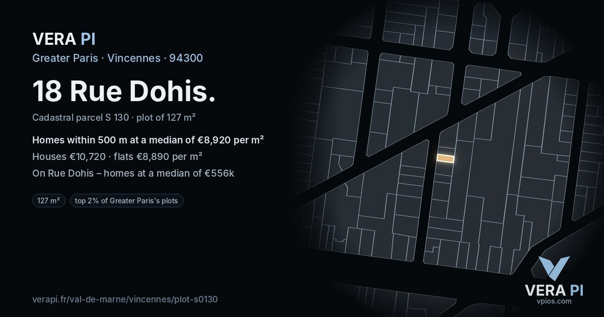 18 Rue Dohis, Vincennes at night – the plot lit, the parcels around coloured by the prices near them