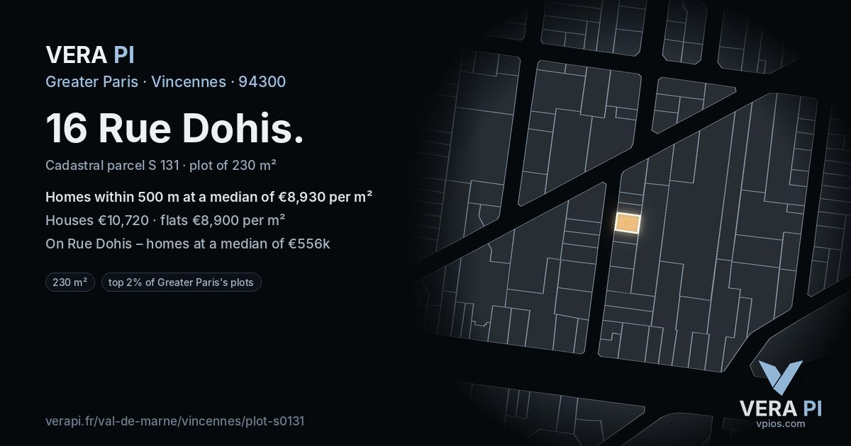16 Rue Dohis, Vincennes at night – the plot lit, the parcels around coloured by the prices near them