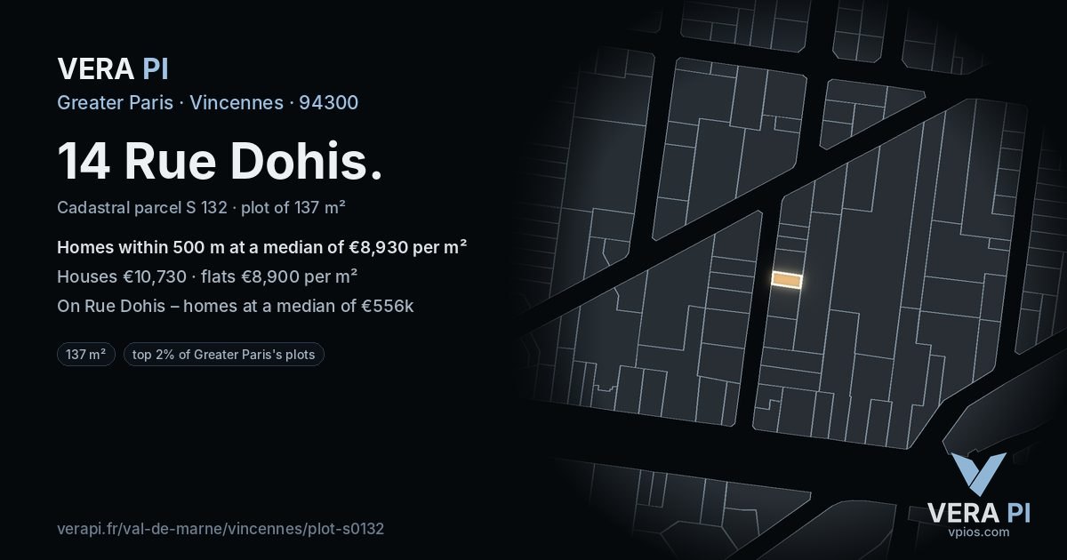 14 Rue Dohis, Vincennes at night – the plot lit, the parcels around coloured by the prices near them