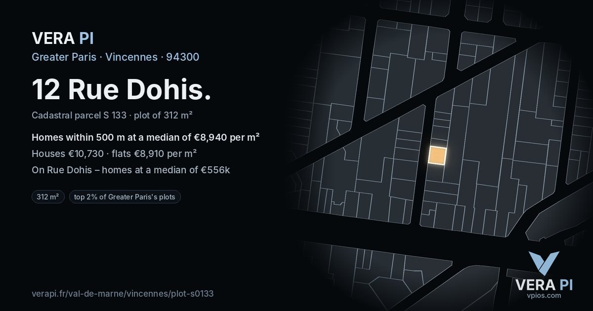 12 Rue Dohis, Vincennes at night – the plot lit, the parcels around coloured by the prices near them