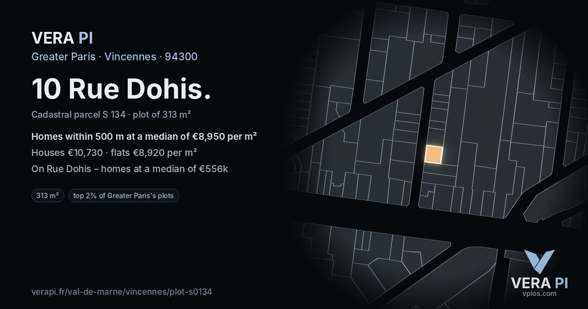 10 Rue Dohis, Vincennes at night – the plot lit, the parcels around coloured by the prices near them