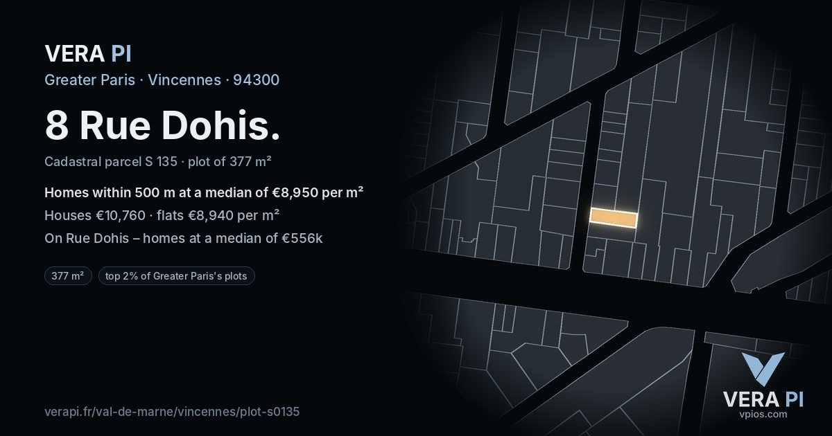 8 Rue Dohis, Vincennes at night – the plot lit, the parcels around coloured by the prices near them