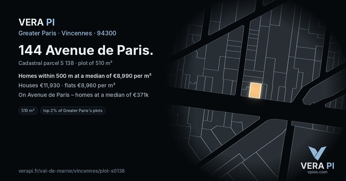 144 Avenue de Paris, Vincennes at night – the plot lit, the parcels around coloured by the prices near them