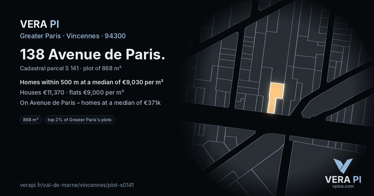 138 Avenue de Paris, Vincennes at night – the plot lit, the parcels around coloured by the prices near them