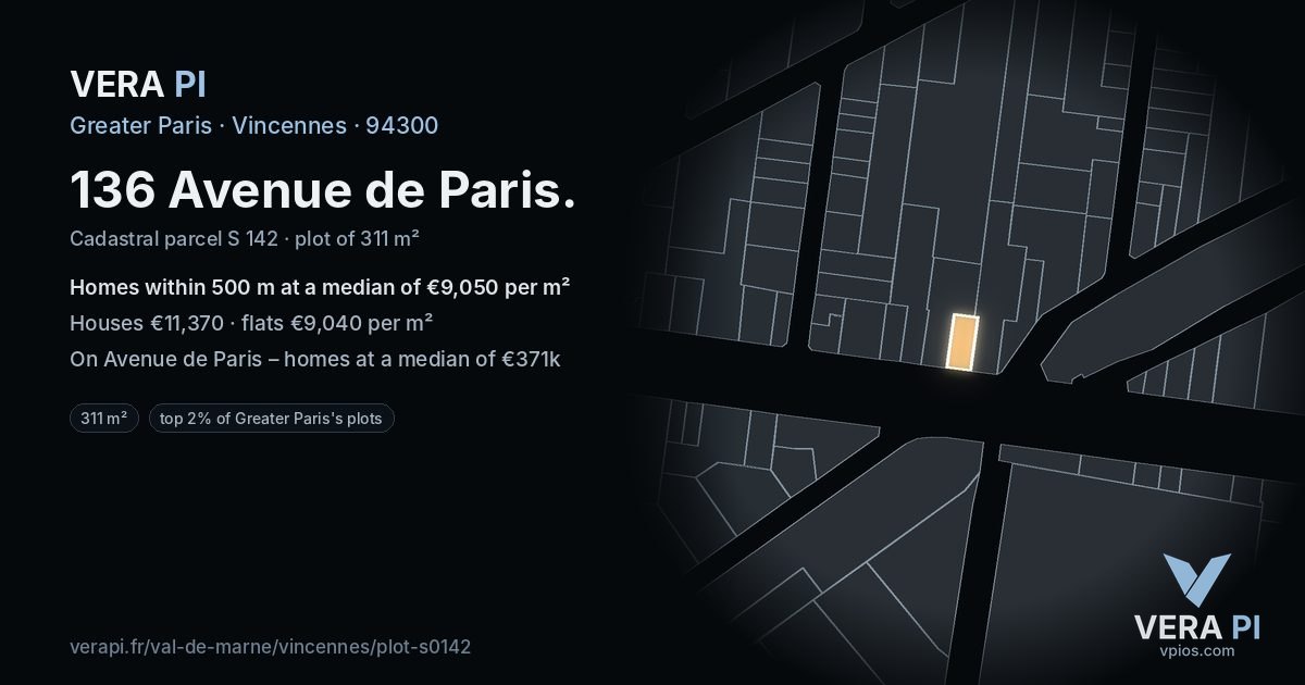 136 Avenue de Paris, Vincennes at night – the plot lit, the parcels around coloured by the prices near them
