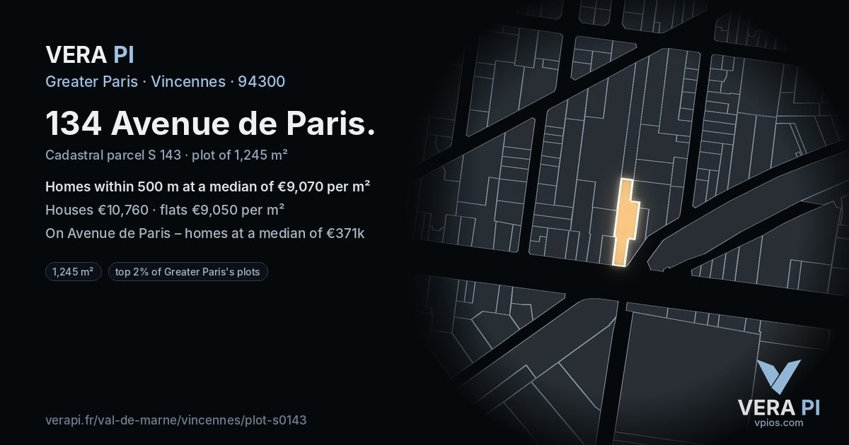 134 Avenue de Paris, Vincennes at night – the plot lit, the parcels around coloured by the prices near them