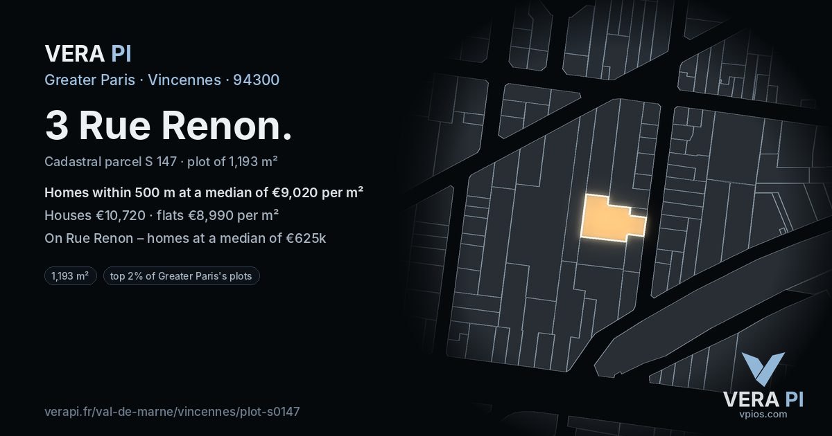 3 Rue Renon, Vincennes at night – the plot lit, the parcels around coloured by the prices near them