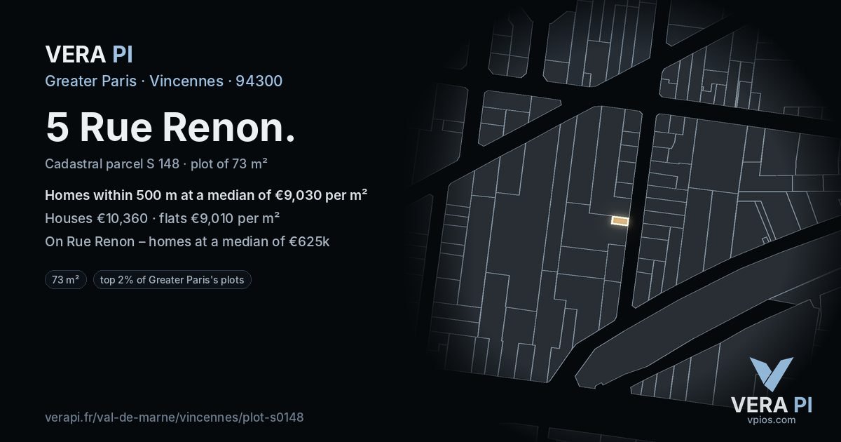 5 Rue Renon, Vincennes at night – the plot lit, the parcels around coloured by the prices near them