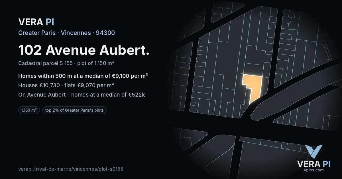 102 Avenue Aubert, Vincennes at night – the plot lit, the parcels around coloured by the prices near them