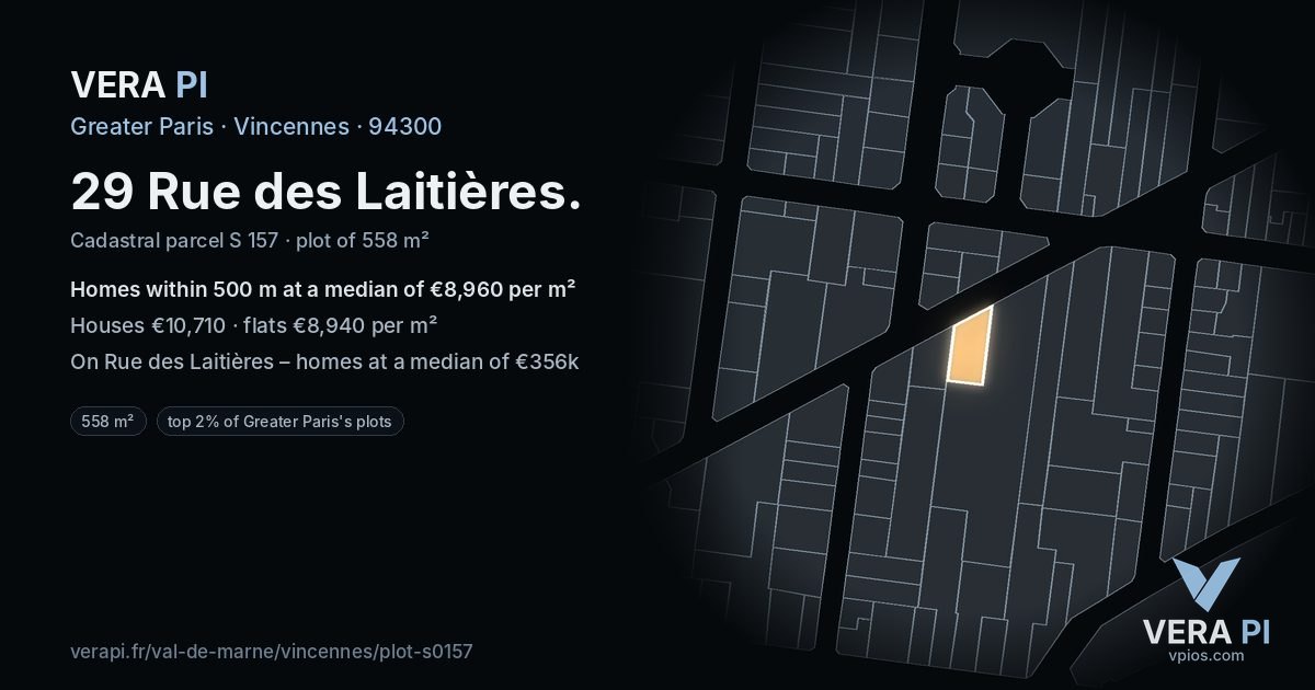 29 Rue des Laitières, Vincennes at night – the plot lit, the parcels around coloured by the prices near them