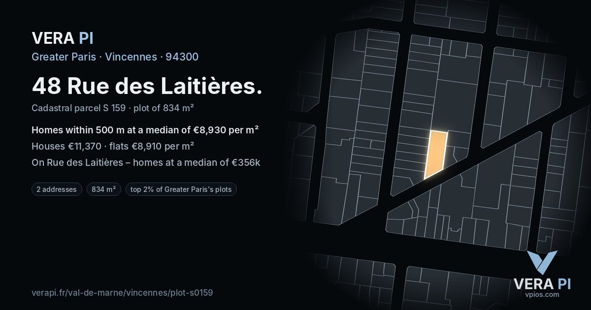 48 Rue des Laitières, Vincennes at night – the plot lit, the parcels around coloured by the prices near them