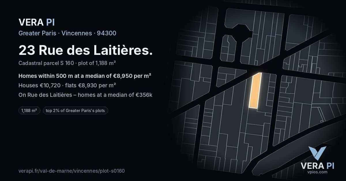 23 Rue des Laitières, Vincennes at night – the plot lit, the parcels around coloured by the prices near them