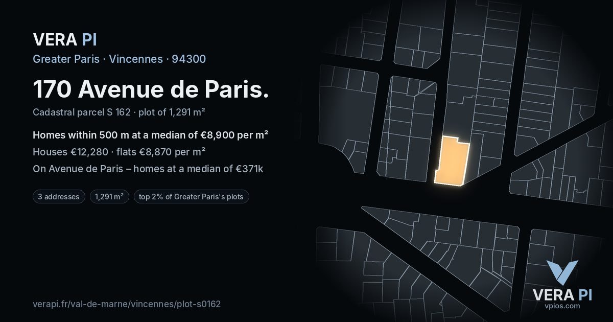 170 Avenue de Paris, Vincennes at night – the plot lit, the parcels around coloured by the prices near them