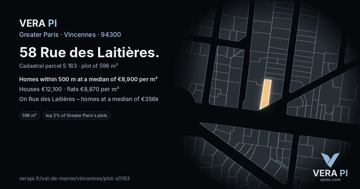 58 Rue des Laitières, Vincennes at night – the plot lit, the parcels around coloured by the prices near them