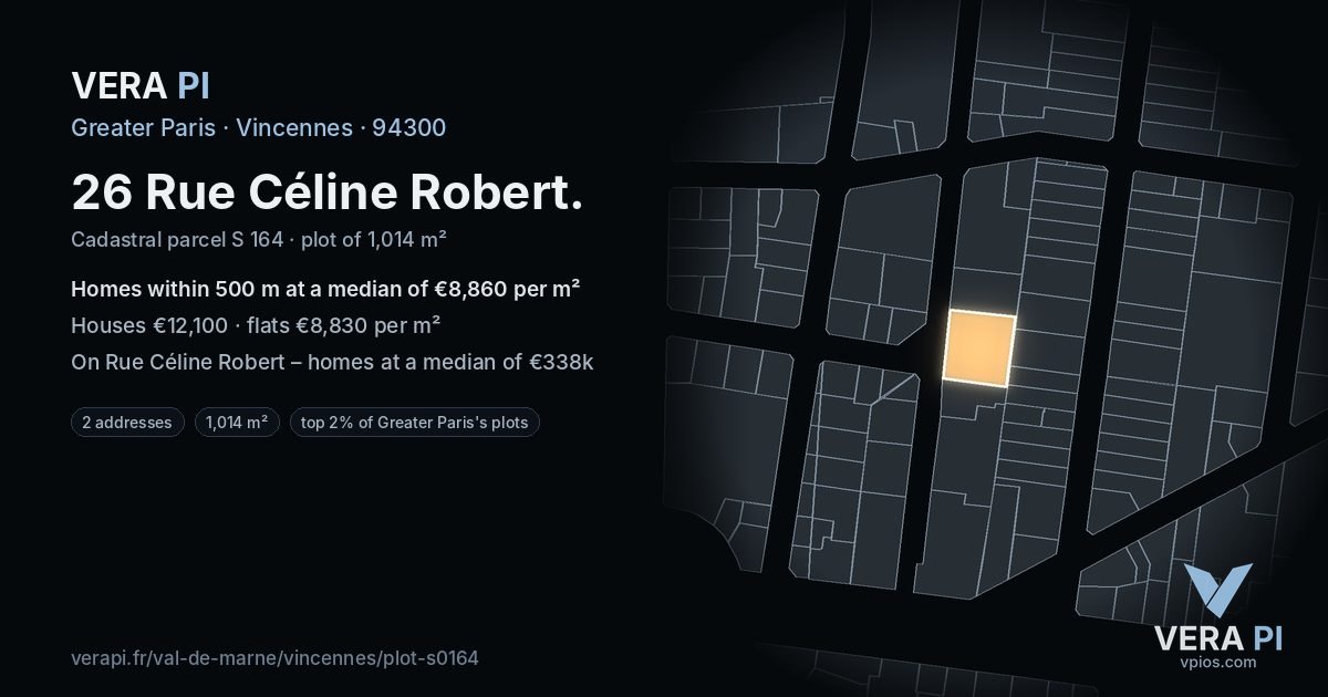 26 Rue Céline Robert, Vincennes at night – the plot lit, the parcels around coloured by the prices near them