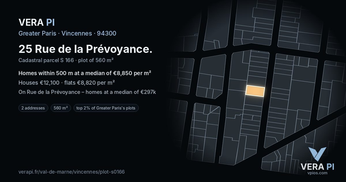 25 Rue de la Prévoyance, Vincennes at night – the plot lit, the parcels around coloured by the prices near them