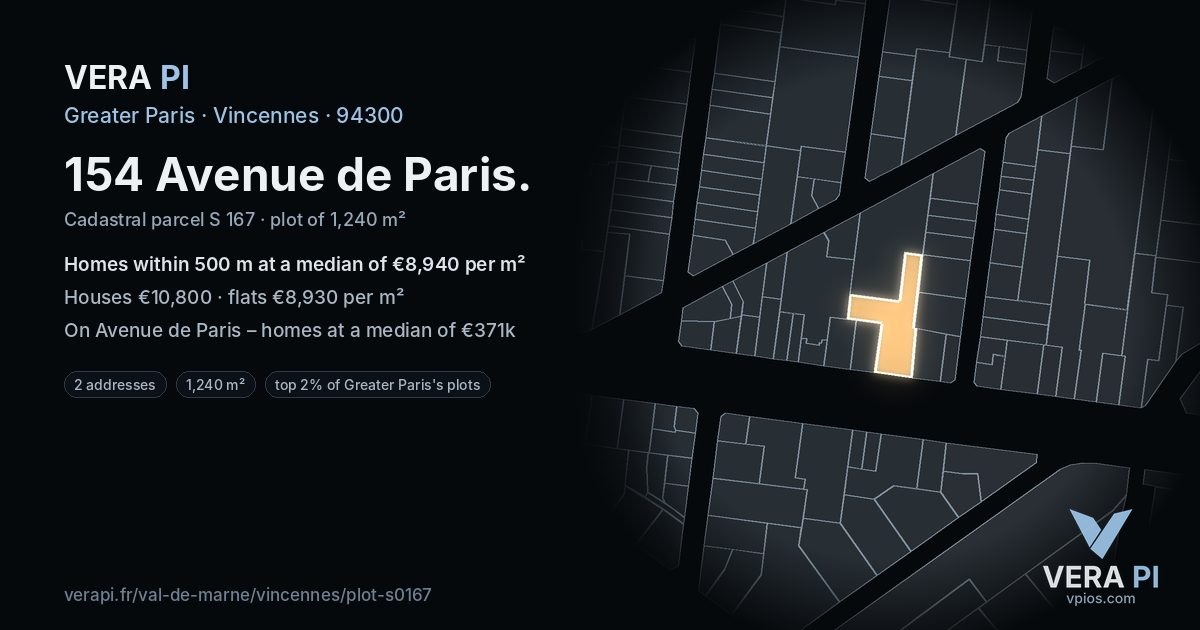 154 Avenue de Paris, Vincennes at night – the plot lit, the parcels around coloured by the prices near them