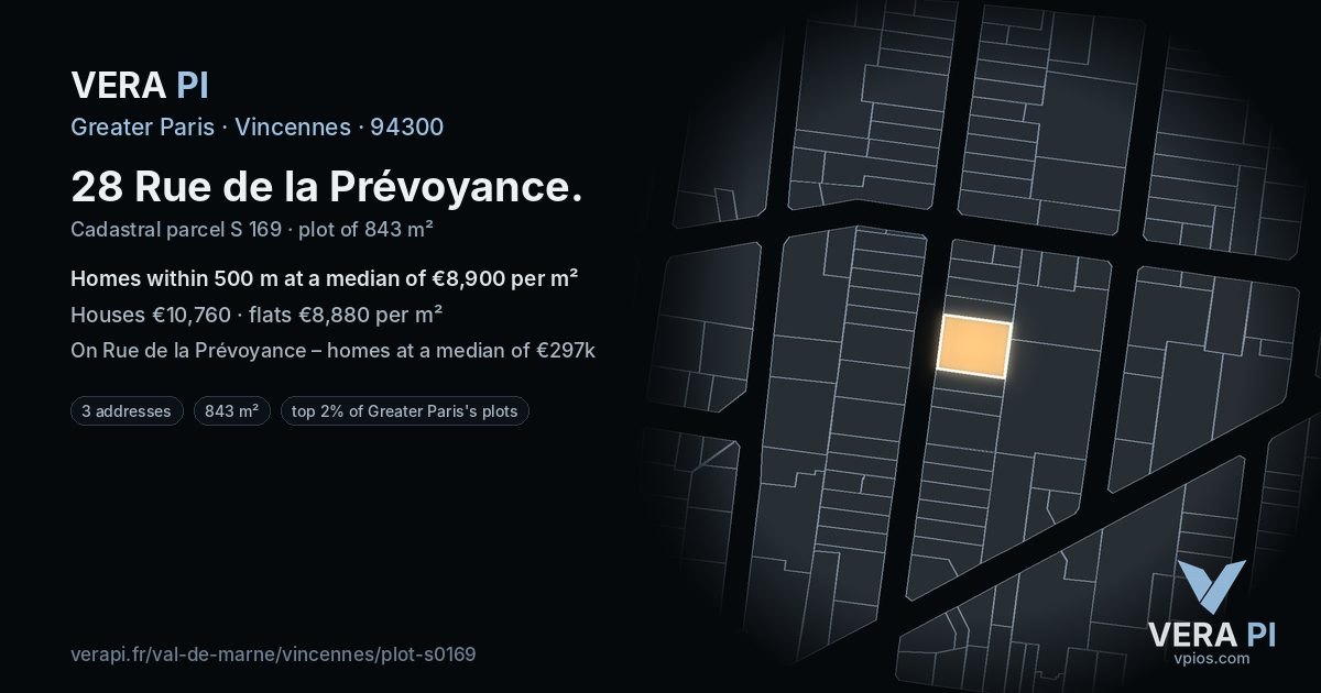 28 Rue de la Prévoyance, Vincennes at night – the plot lit, the parcels around coloured by the prices near them