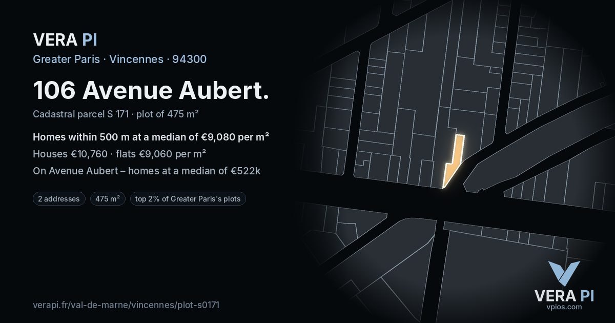 106 Avenue Aubert, Vincennes at night – the plot lit, the parcels around coloured by the prices near them