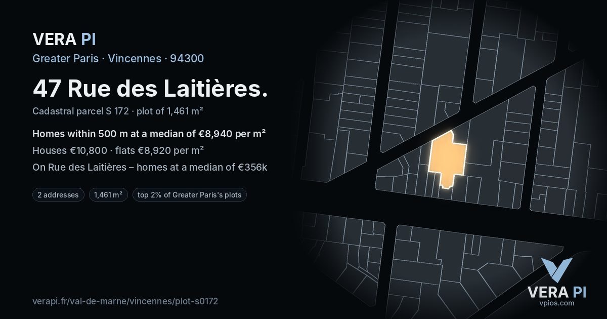 47 Rue des Laitières, Vincennes at night – the plot lit, the parcels around coloured by the prices near them