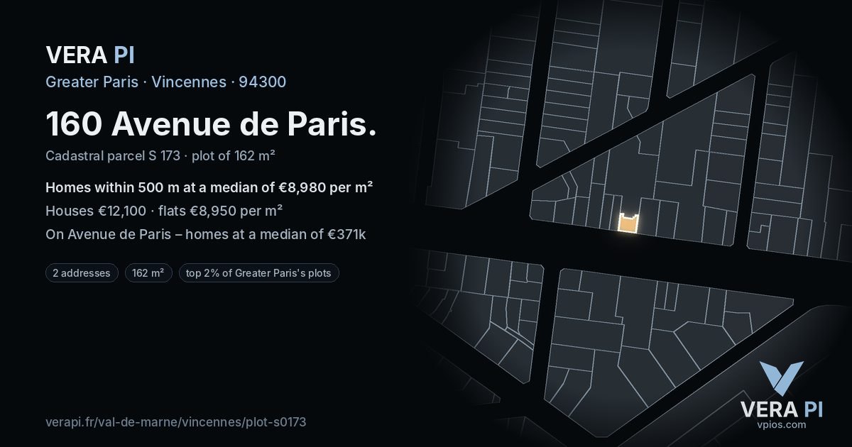 160 Avenue de Paris, Vincennes at night – the plot lit, the parcels around coloured by the prices near them