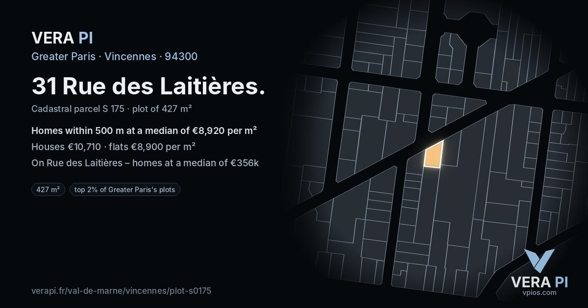 31 Rue des Laitières, Vincennes at night – the plot lit, the parcels around coloured by the prices near them