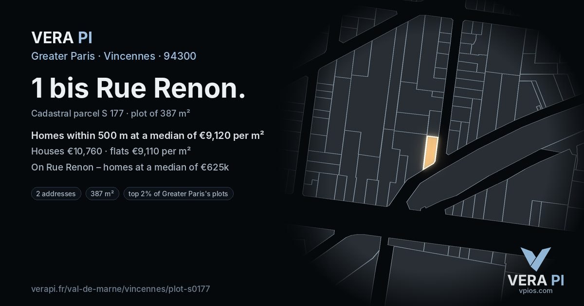1 bis Rue Renon, Vincennes at night – the plot lit, the parcels around coloured by the prices near them