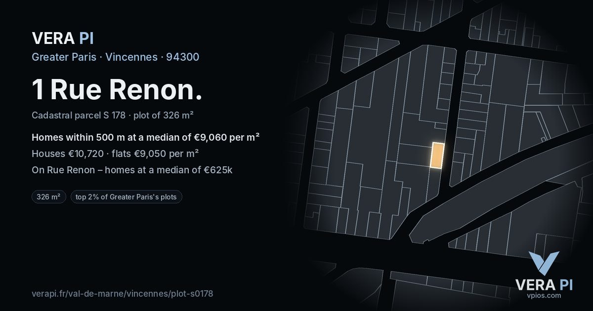 1 Rue Renon, Vincennes at night – the plot lit, the parcels around coloured by the prices near them