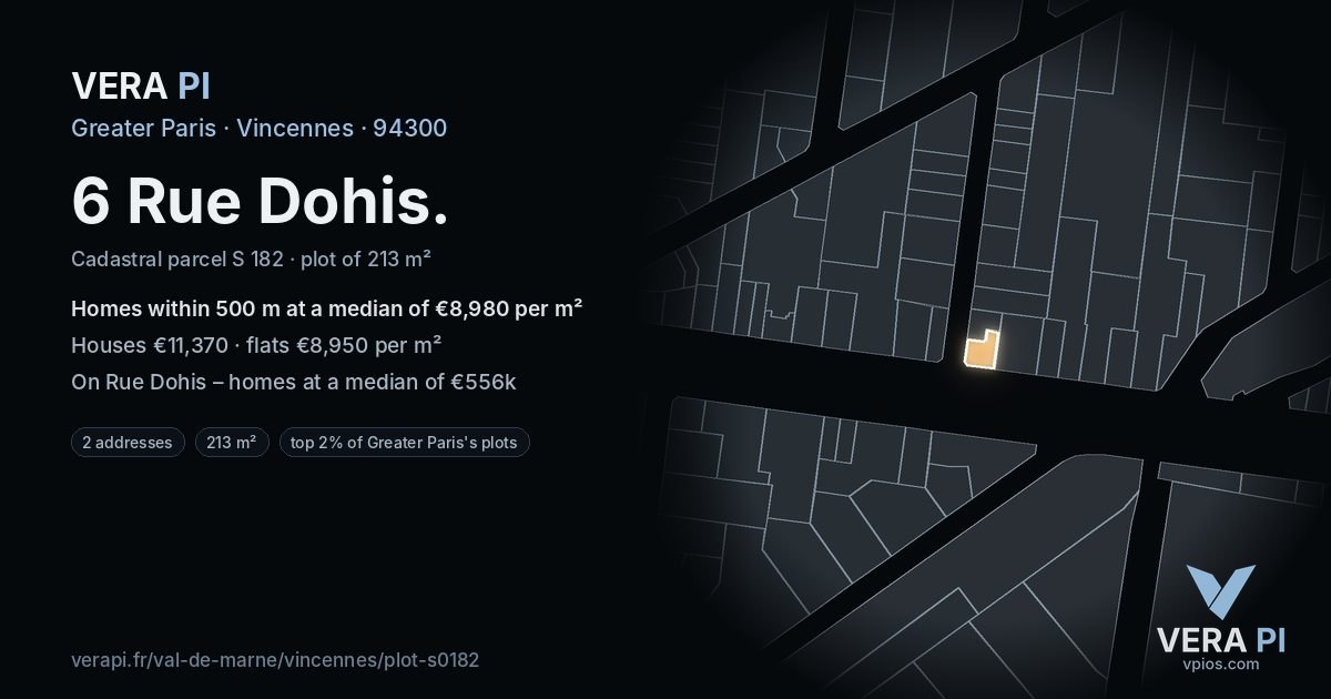 6 Rue Dohis, Vincennes at night – the plot lit, the parcels around coloured by the prices near them