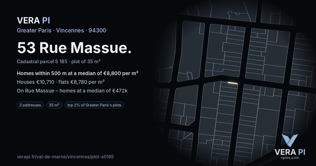 53 Rue Massue, Vincennes at night – the plot lit, the parcels around coloured by the prices near them