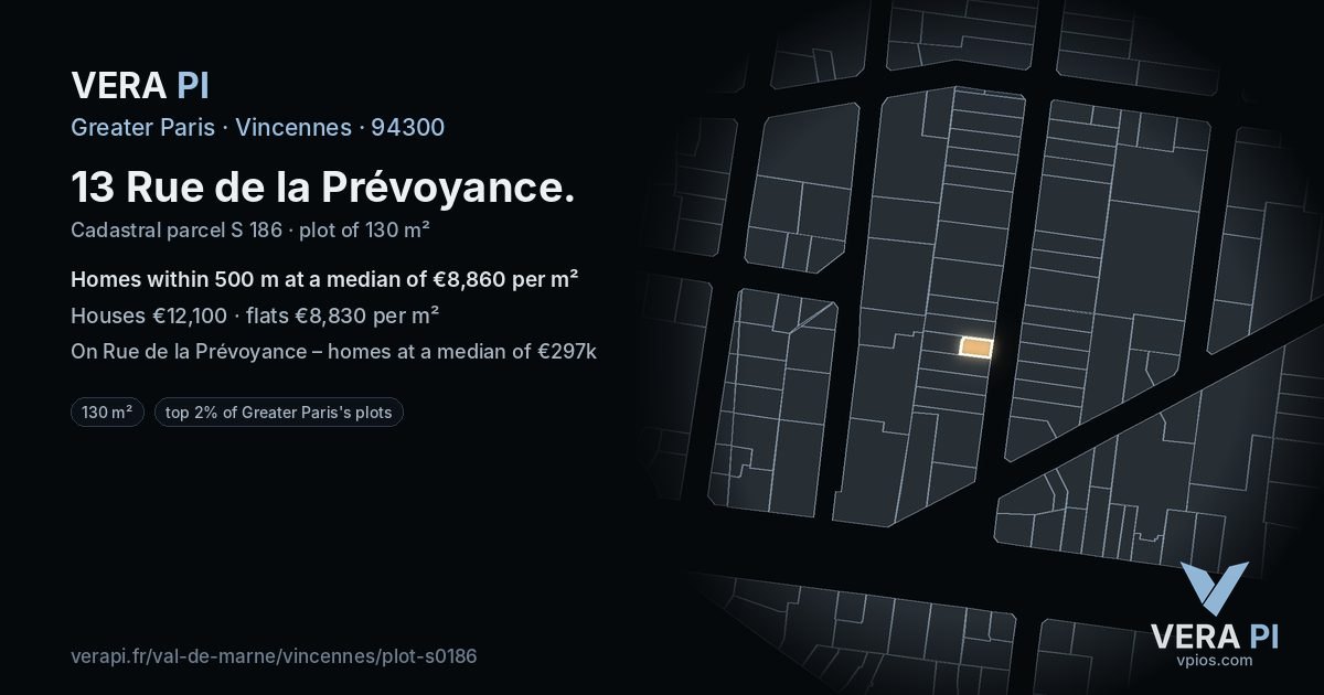 13 Rue de la Prévoyance, Vincennes at night – the plot lit, the parcels around coloured by the prices near them