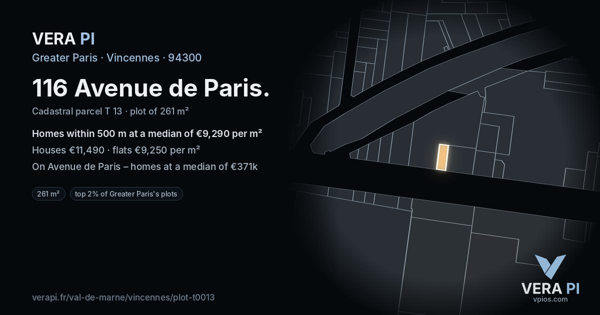 116 Avenue de Paris, Vincennes at night – the plot lit, the parcels around coloured by the prices near them