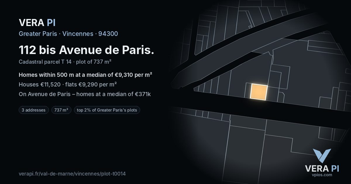 112 bis Avenue de Paris, Vincennes at night – the plot lit, the parcels around coloured by the prices near them