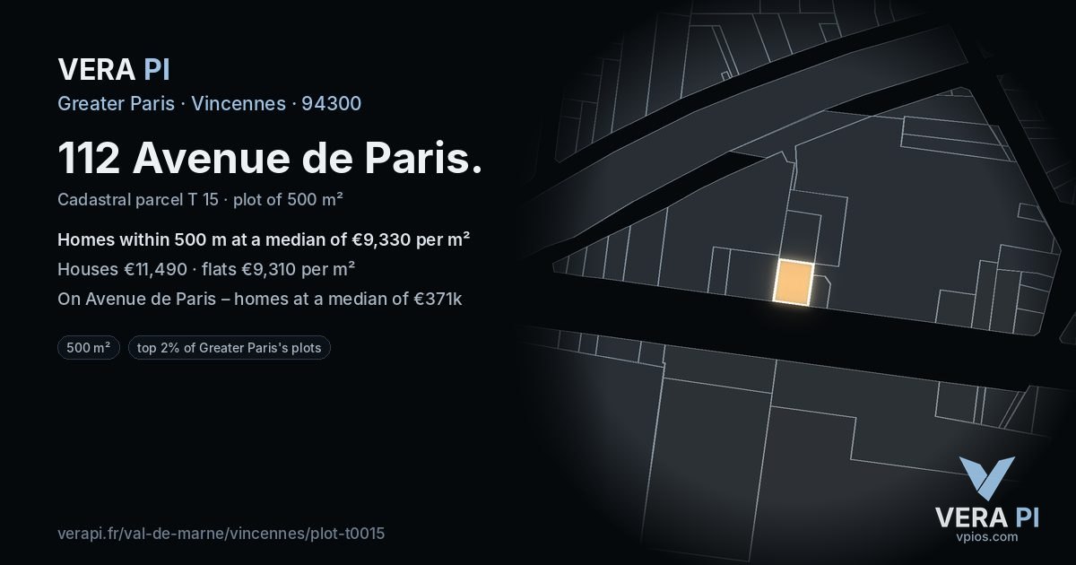112 Avenue de Paris, Vincennes at night – the plot lit, the parcels around coloured by the prices near them