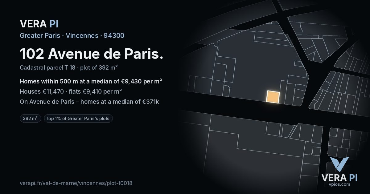 102 Avenue de Paris, Vincennes at night – the plot lit, the parcels around coloured by the prices near them