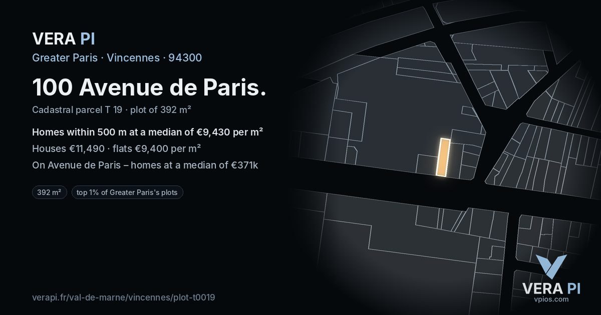 100 Avenue de Paris, Vincennes at night – the plot lit, the parcels around coloured by the prices near them