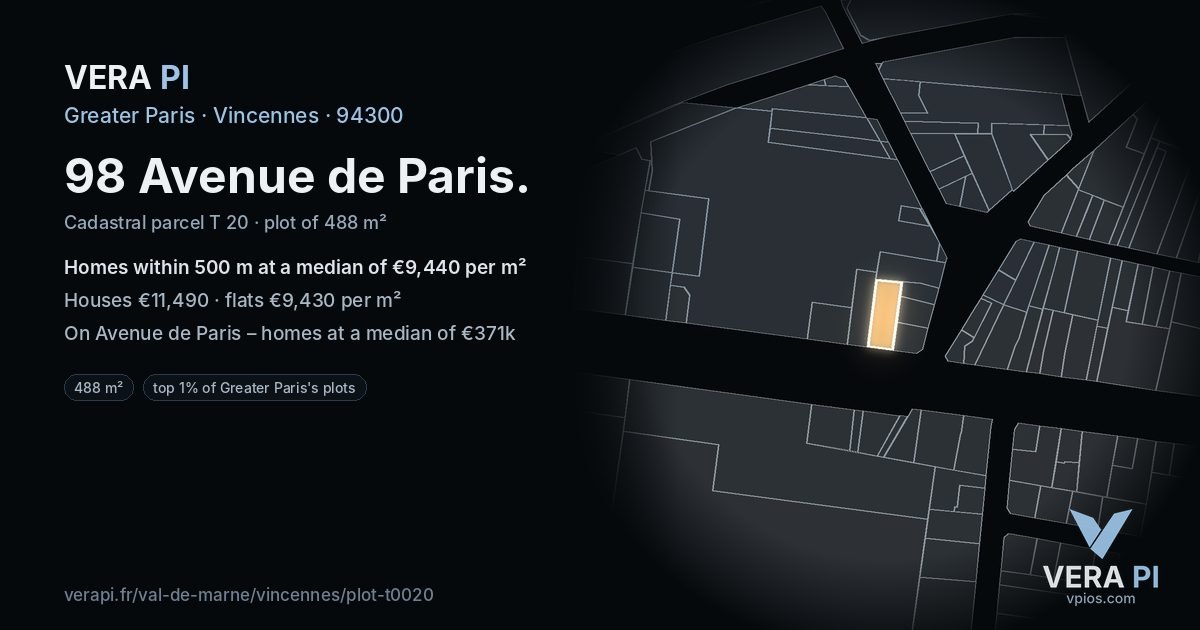 98 Avenue de Paris, Vincennes at night – the plot lit, the parcels around coloured by the prices near them