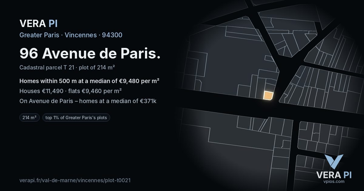 96 Avenue de Paris, Vincennes at night – the plot lit, the parcels around coloured by the prices near them