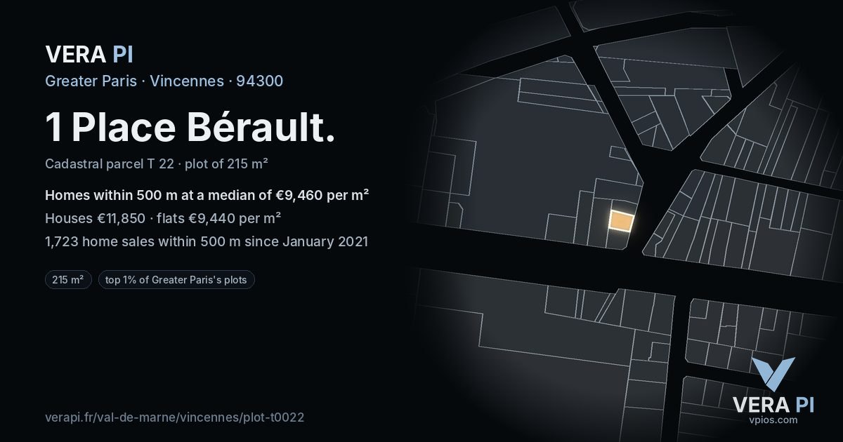 1 Place Bérault, Vincennes at night – the plot lit, the parcels around coloured by the prices near them
