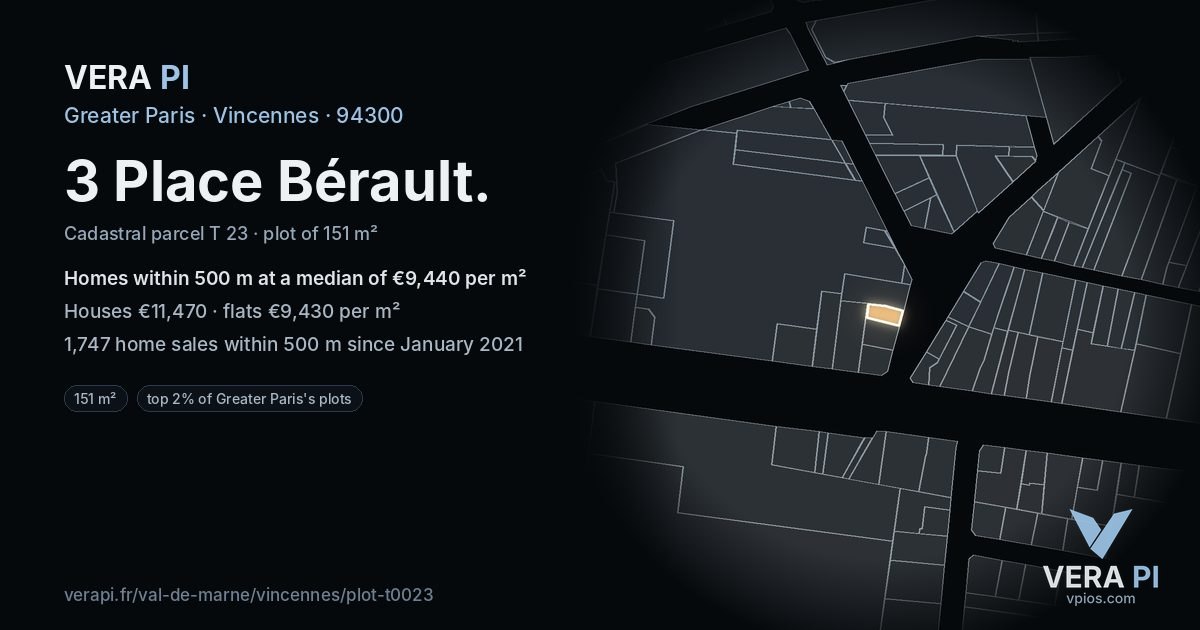 3 Place Bérault, Vincennes at night – the plot lit, the parcels around coloured by the prices near them