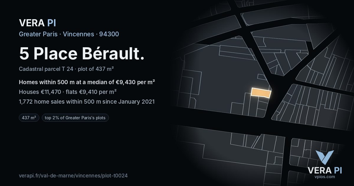 5 Place Bérault, Vincennes at night – the plot lit, the parcels around coloured by the prices near them
