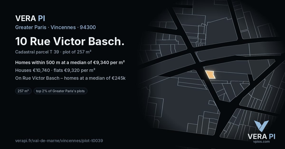 10 Rue Victor Basch, Vincennes at night – the plot lit, the parcels around coloured by the prices near them
